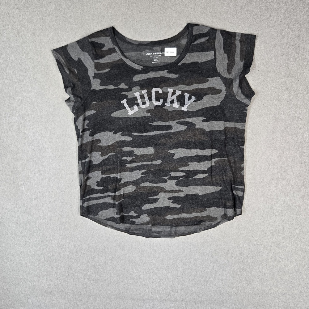 Lucky Brand Women Shirt XXL Gray Camouflage Spellout Logo Short Sleeve